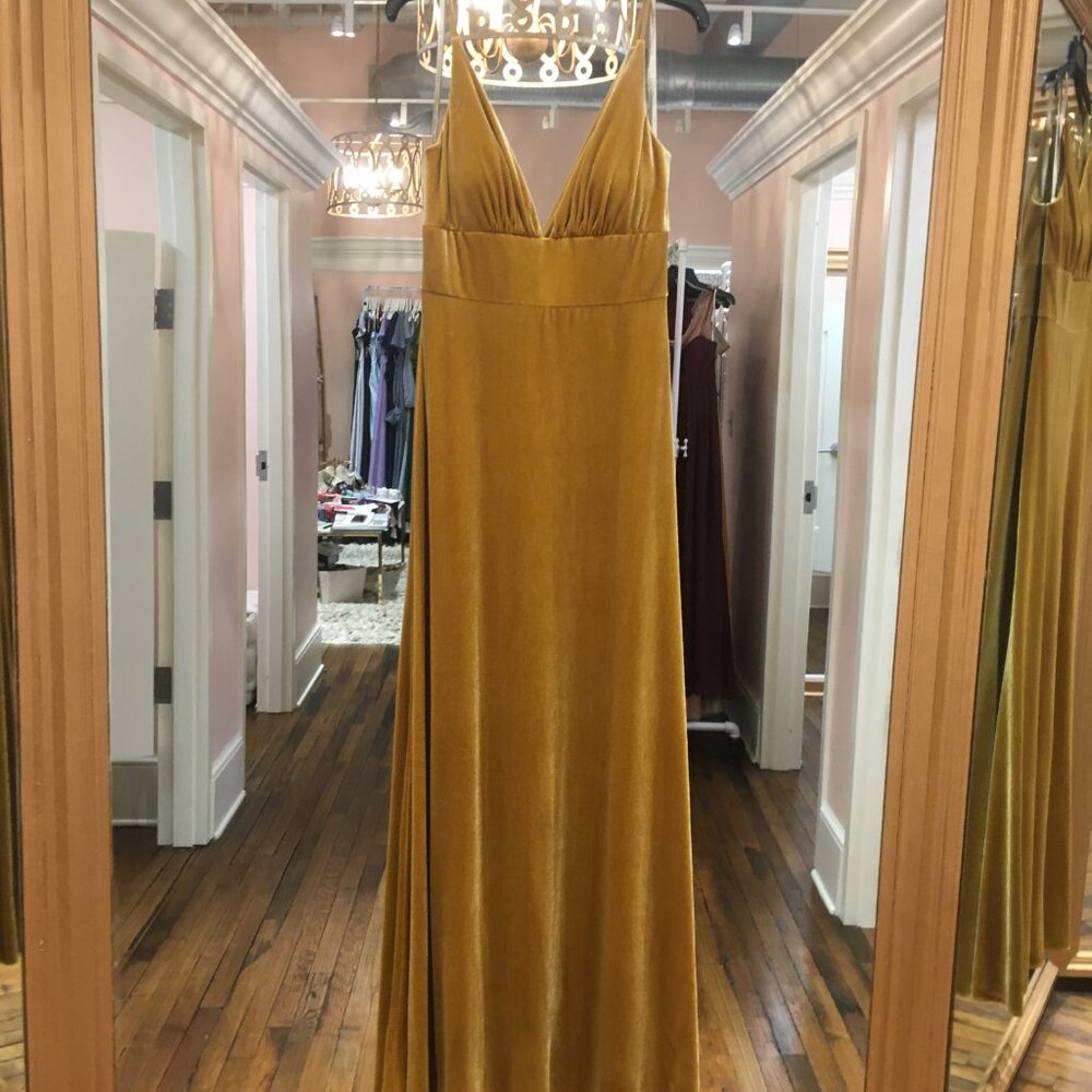 Jenny Yoo Madden Stretch Velvet Deep-V Floor Length Bridesmaid Dress Marigold - Picture 3 of 5